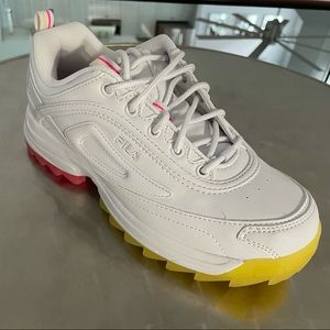 White Fila Disruptor II Sneakers w/ Pink & Yellow